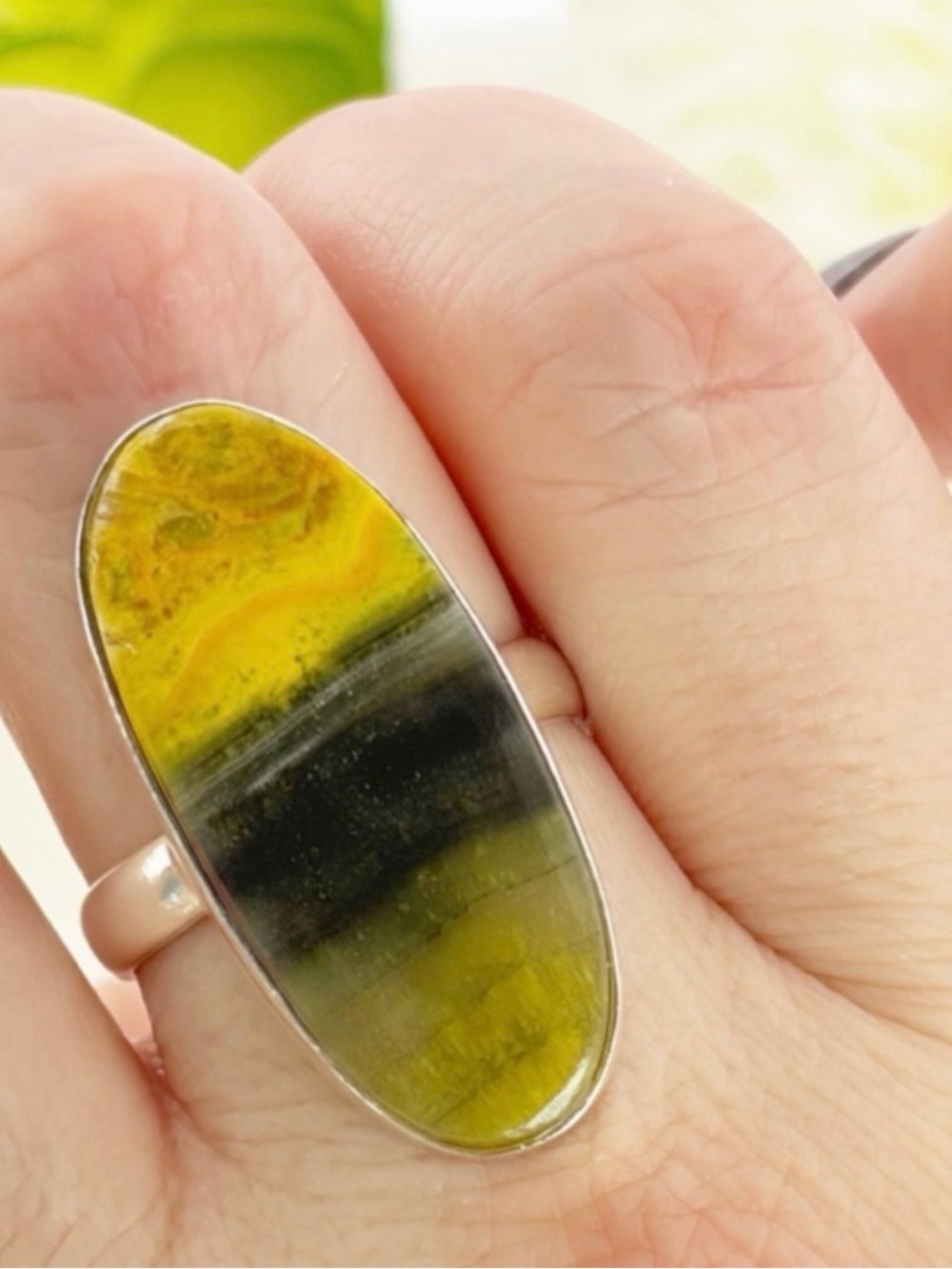 Pure Sterling Silver 925 Bumblebee Jasper Long Ring Size 9 1/4 Boho Southwest
